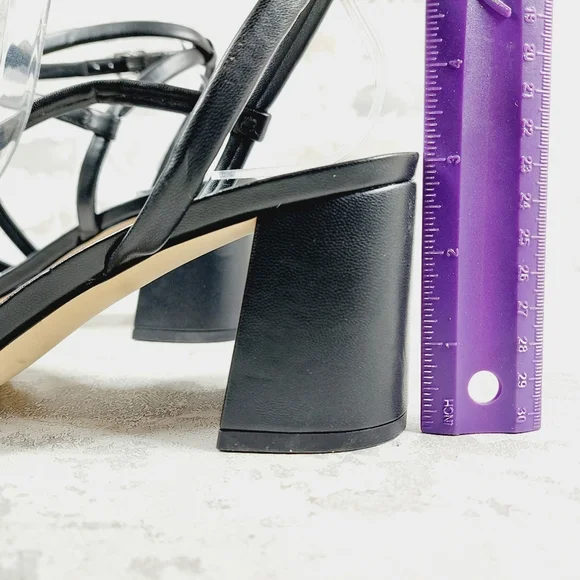 New Nordstrom Lagrange Black Faux Leather Block Heel Strappy Sandals K90 - Picture 9 of 13